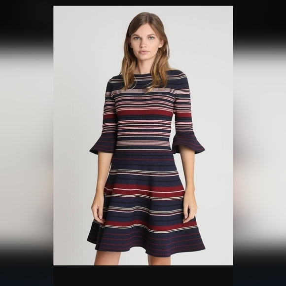 Ted Baker Tayini Stripe Ottoman Dress Navy Blue Fit & Flare Knit - Picture 1 of 9